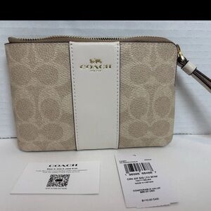 COACH Corner Zip Wristlet Clutch Signature Chalk/sand gold Leather strap NWT